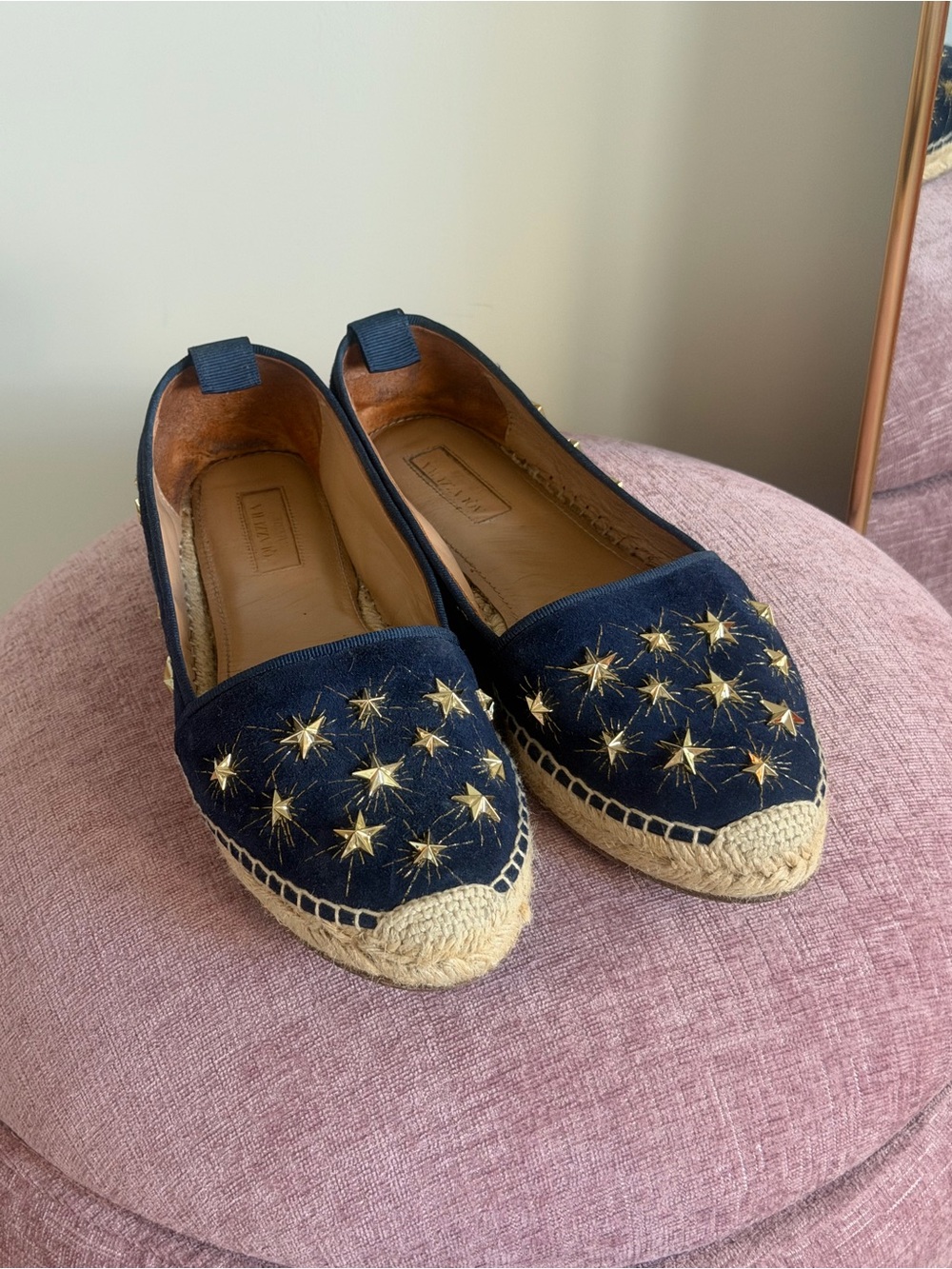 Aquazzura Navy Canvas Espadrille Flats with Gold Star Embroidery